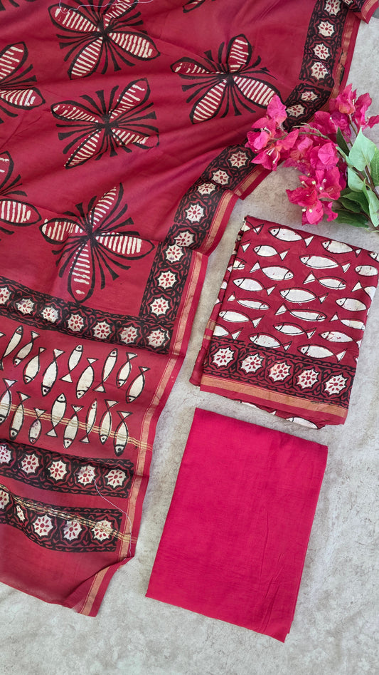 Handblock Jaipuri chanderi silk set - JA291