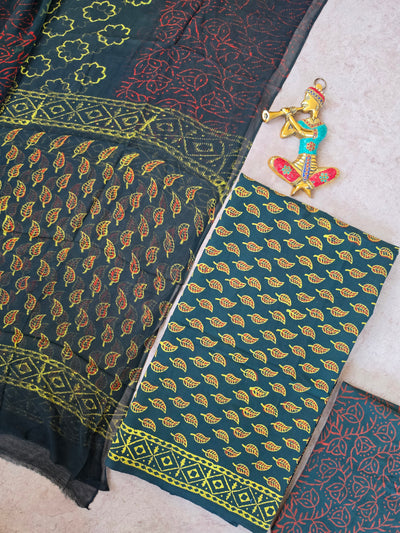 Handblock jaipuri cotton with chiffon shawl - JA590