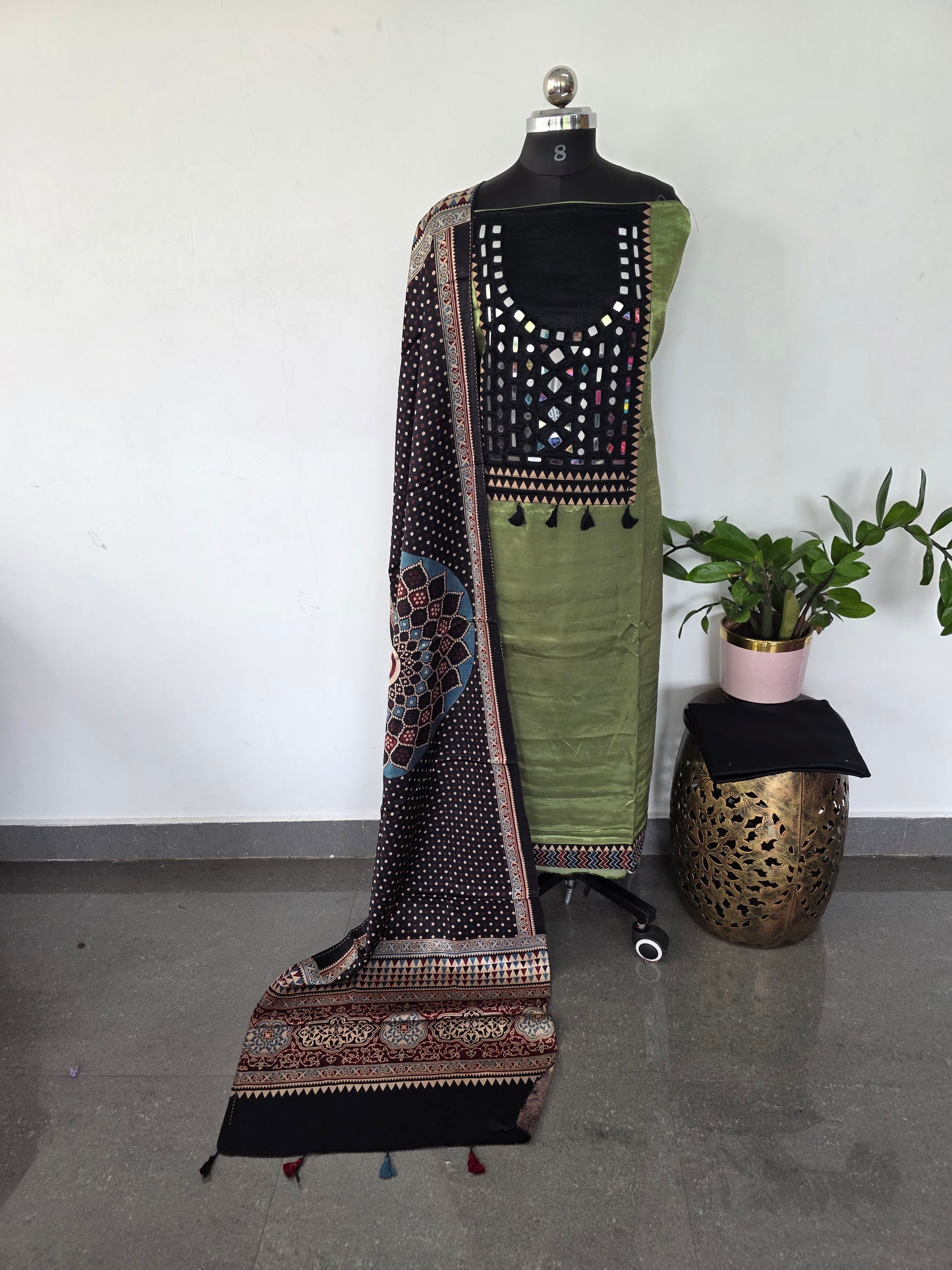 Handcrafted ajrakh kutch handwork mirror mashru silk set - HZ163