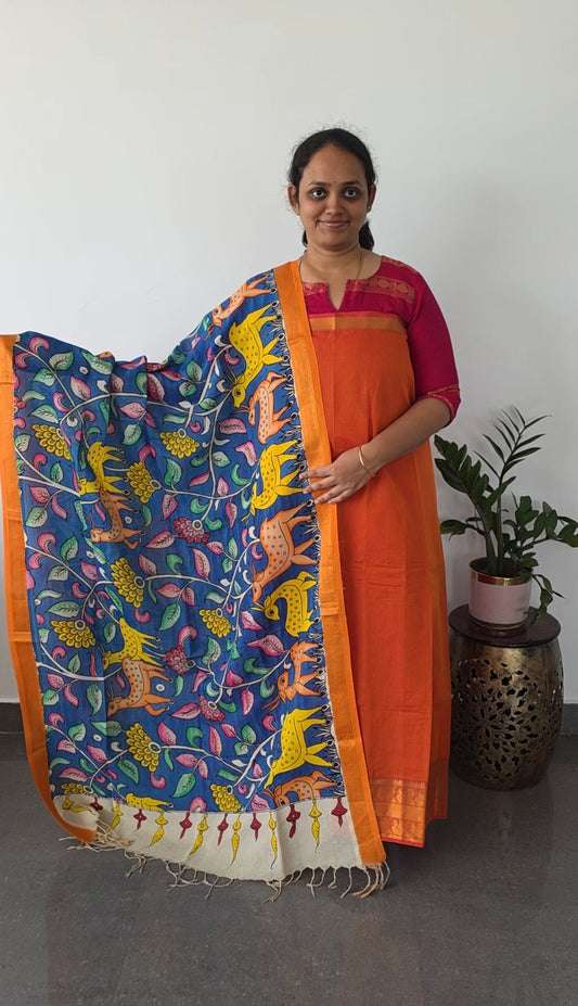 Premium mangalagiri handloom cotton with pure pen kalamkari duppatta - 117