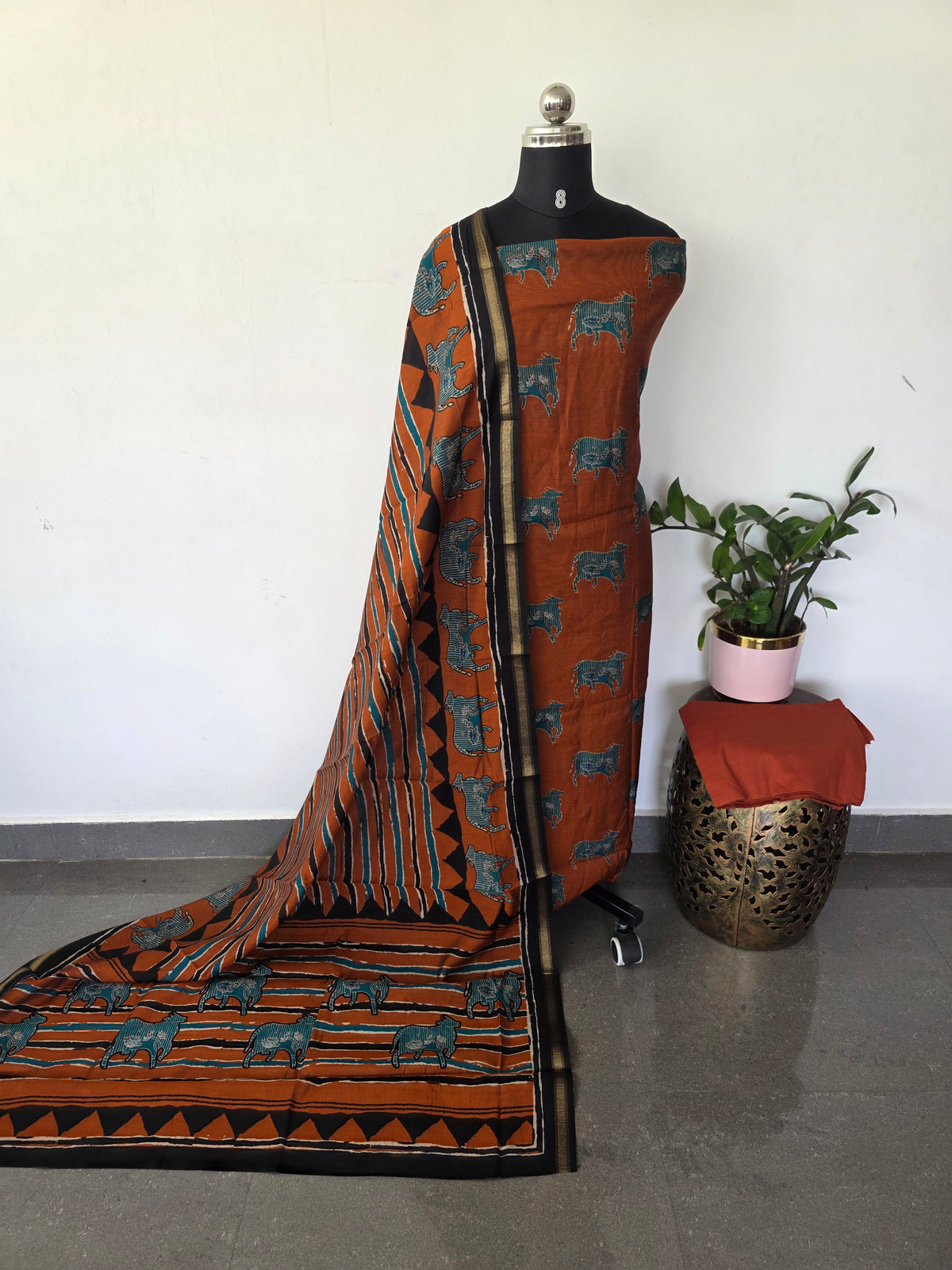 Ajrakh inspired semi maheshwari silk set-HZ383