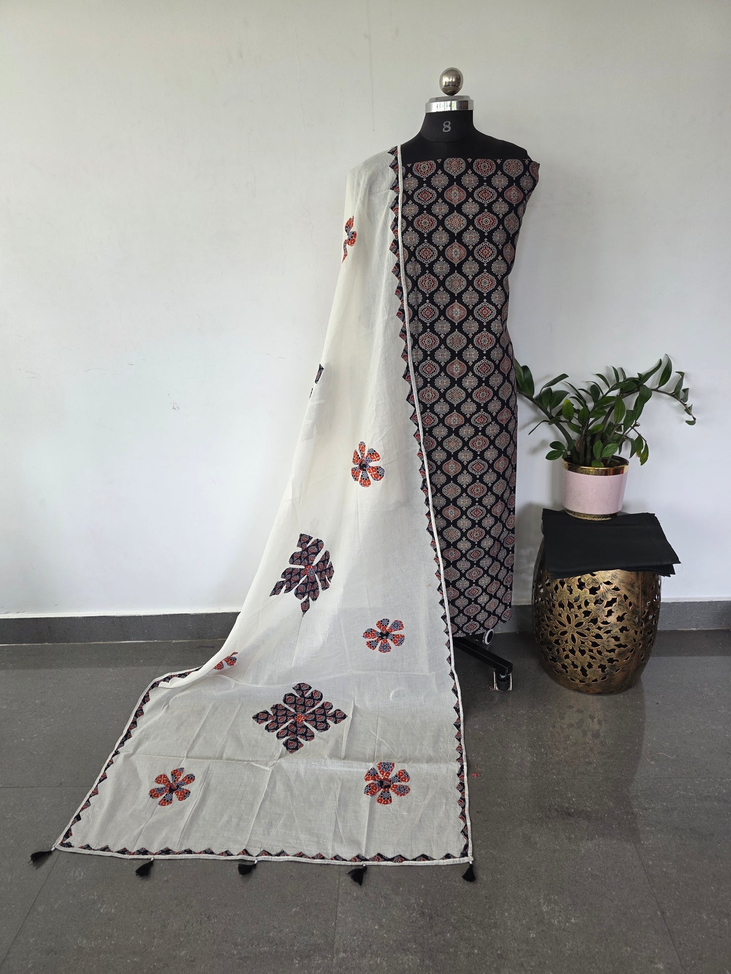 Handcrafted ajrakh cotton set with kantha applique cotton shawl (Black)- BAA115