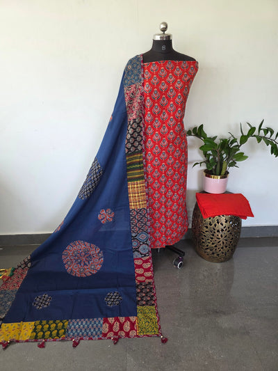 Handcrafted ajrakh cotton top with applique cotton shawl - BAA42