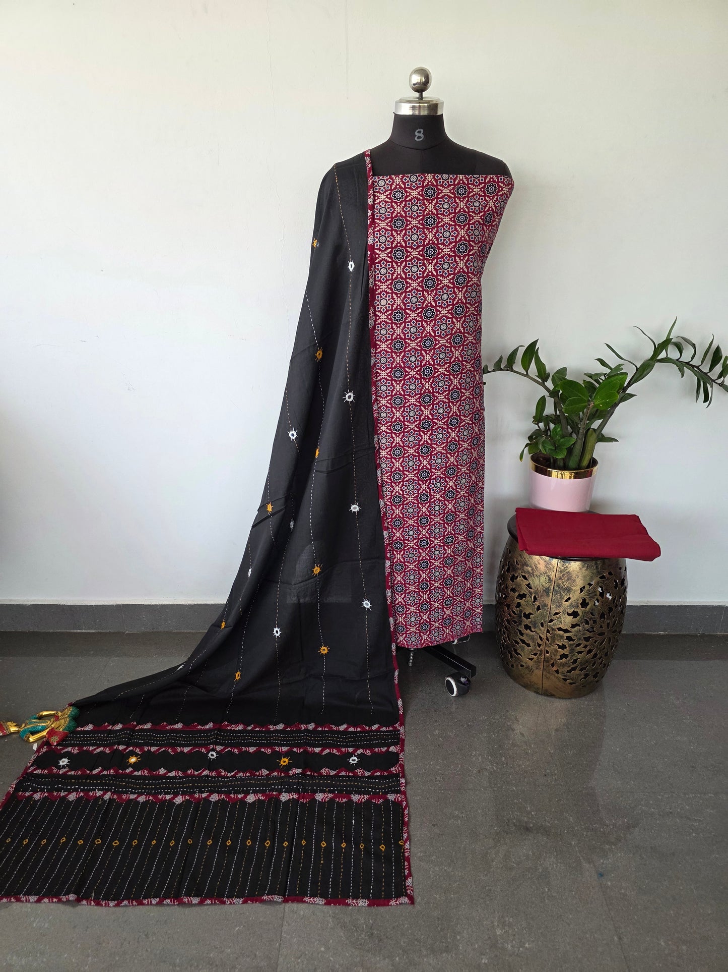 Handcrafted ajrakh cotton top kantha with mirror work cotton shawl - BAA54