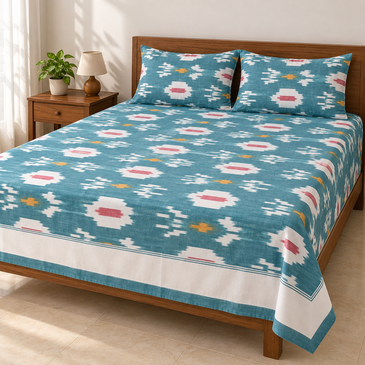 Warp ikkat bed sheets (90*108 2/40s bedsheet with pillow) -WW672